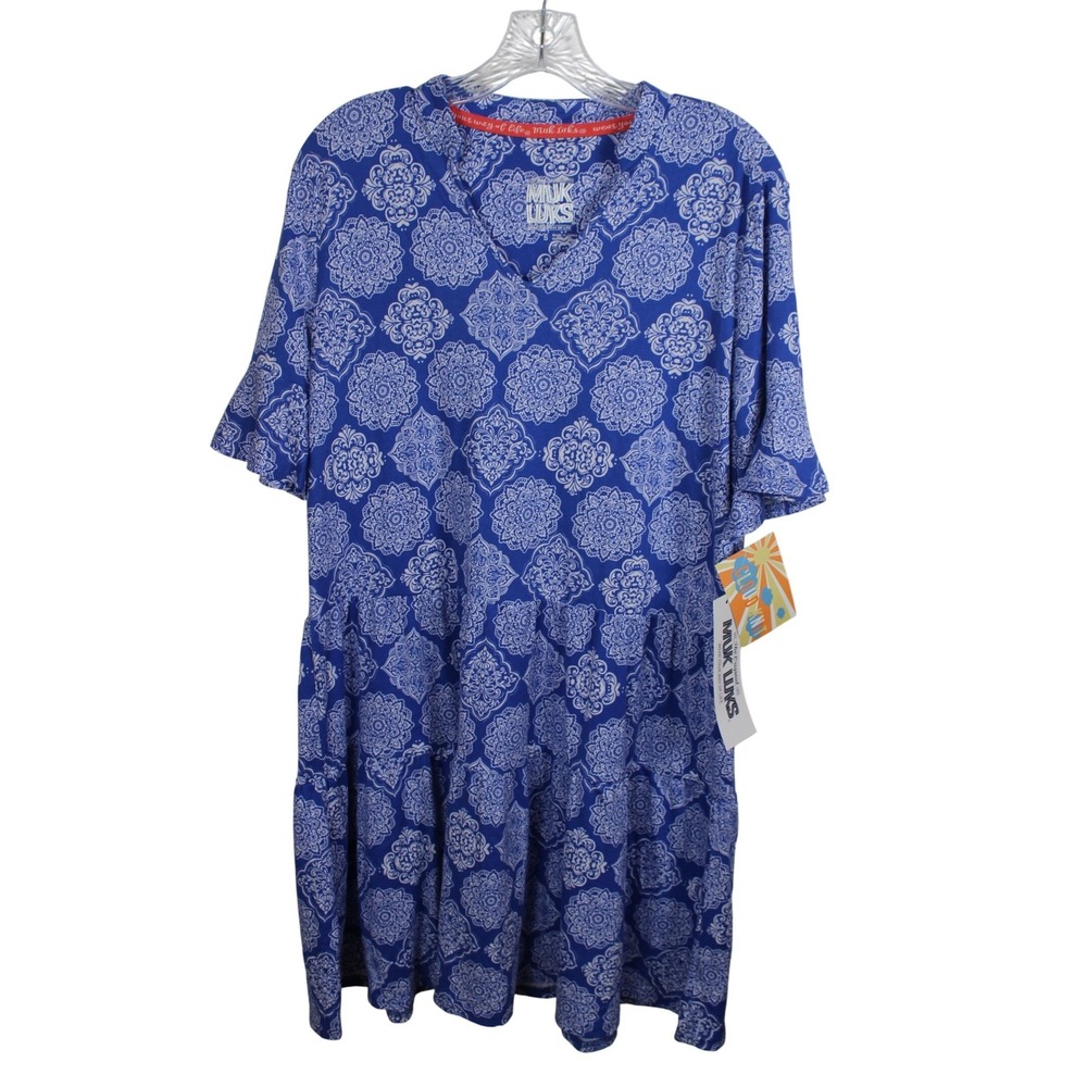 MUK LUKS Women Blue White Medallion Cloud Knit Tiered V-Neck Dress Small A645291